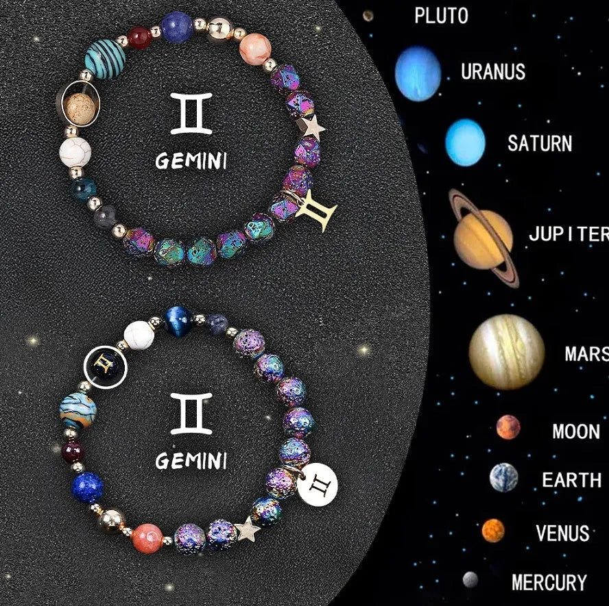 Two natural stone zodiac bracelets with adjustable cords showing astrological symbol beads