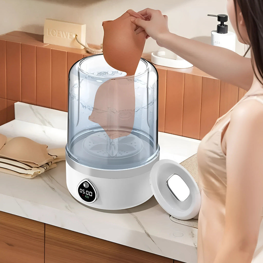 Portable white plastic mini washing machine with USB charging port and compact dimensions