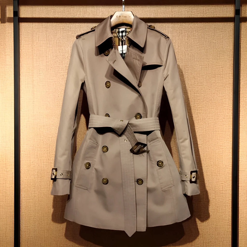 Khaki women's trench coat with double-breasted button front and flight sleeves