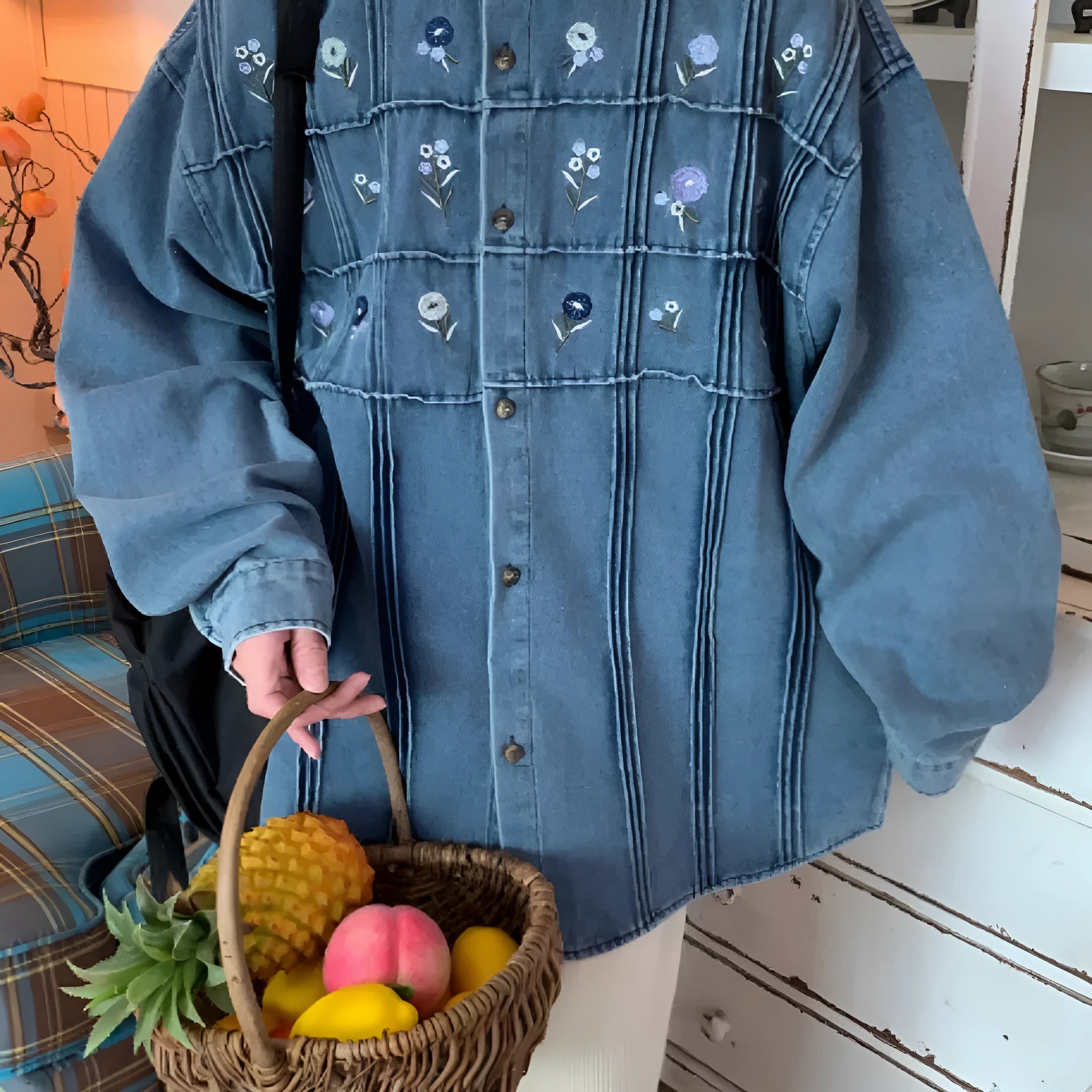 Vintage washed blue denim shirt with floral pleated detailing and long sleeves