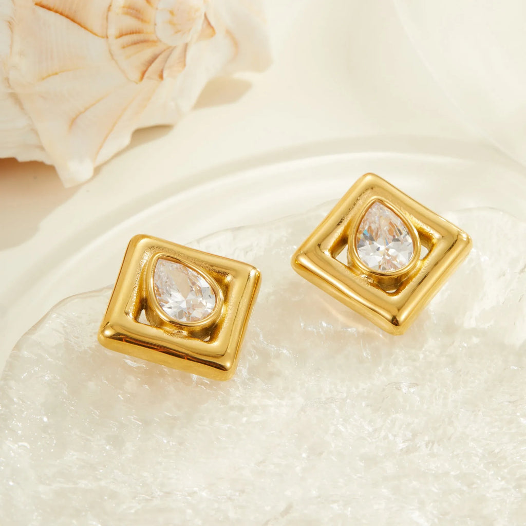 Gold stud earrings with geometric water drop zircon stones on stainless steel