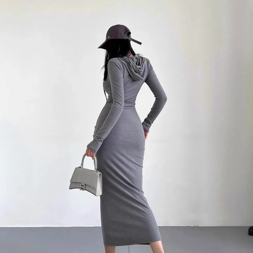 Women's grey hooded sheath dress with long sleeves and high waist, knee-length polyester fabric