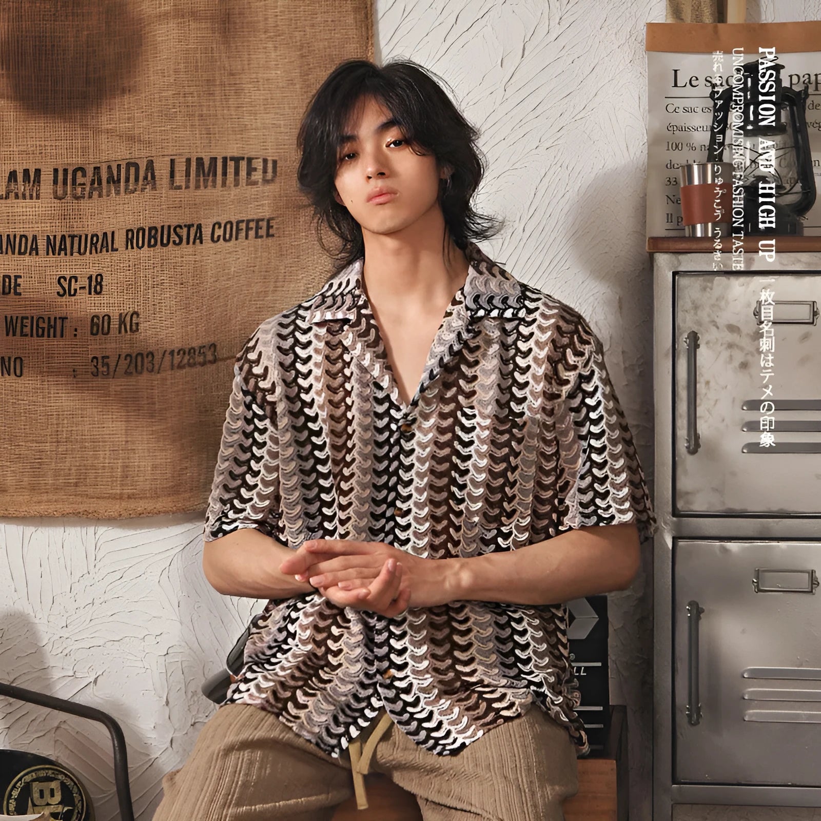 Grey plus-size Japanese-style Cuban collar short sleeve shirt with hollow jacquard texture.