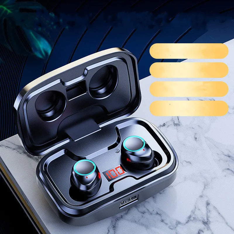 Black wireless in-ear headphones with Bluetooth 5.0 showing the private mould earpiece design