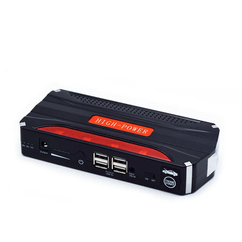 Black and red 12V vehicle emergency starting power supply measuring 178mm with 7800mAh capacity