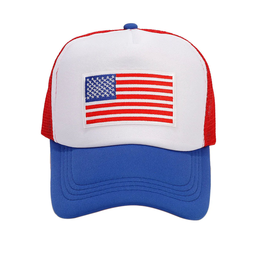 Red and blue contrast mesh baseball cap with an adjustable strap and dome crown.
