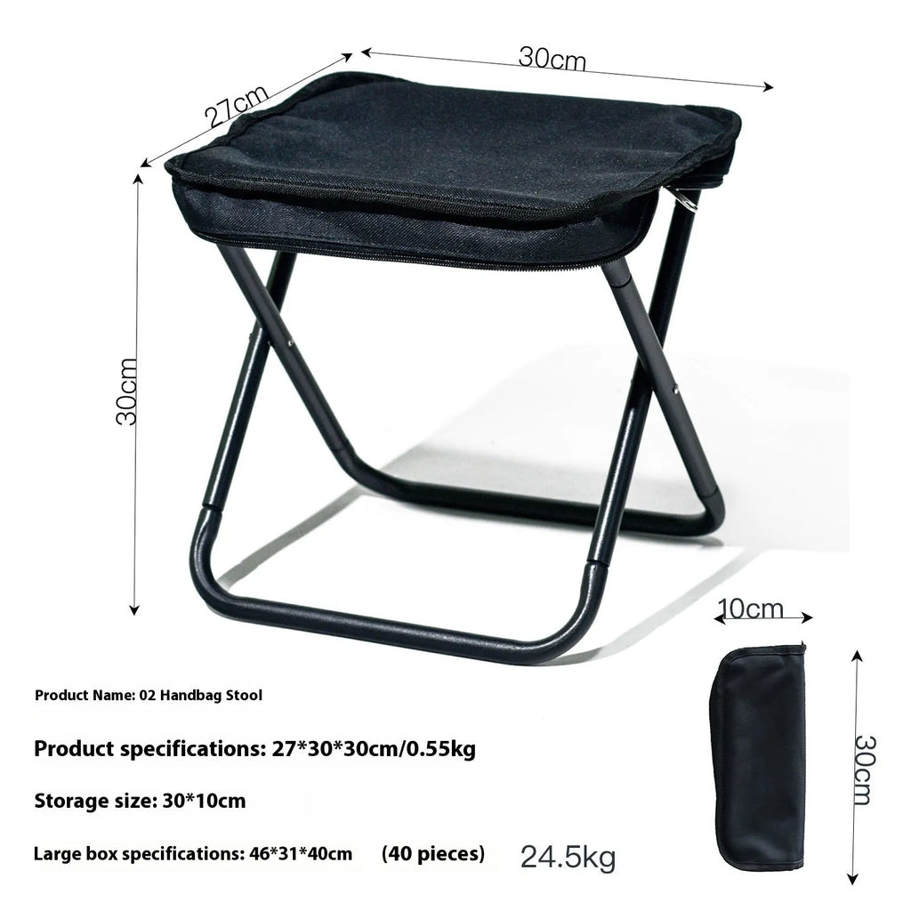 Lightweight foldable camp chair stool in Oxford cloth, shown in a khaki colour, folded into its compact pencil box shape.