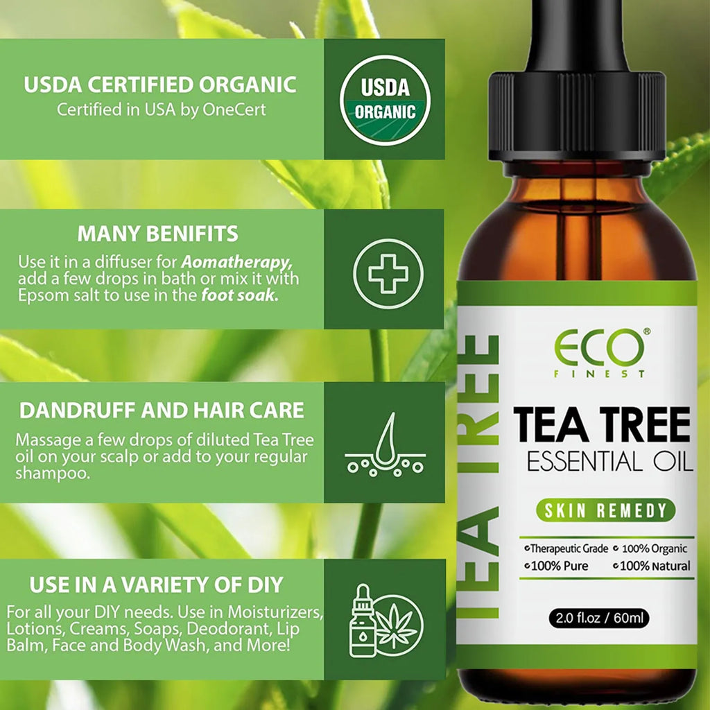 60ml bottle of tea tree essential oil for facial massage and skincare application