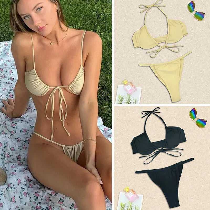 Women's black and mint green split cup bikini set on a mannequin, showing front and back.