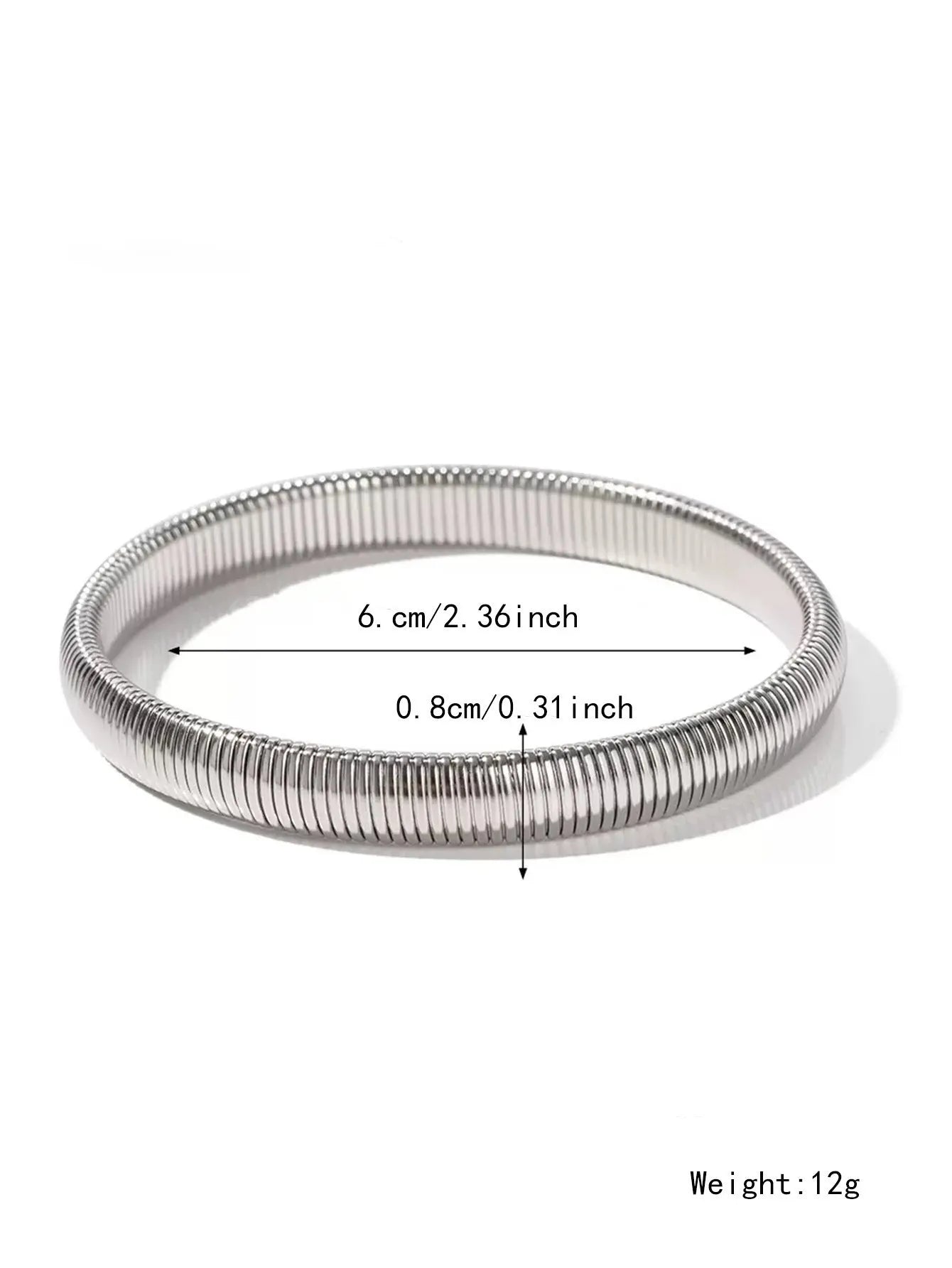 Gold titanium steel women's bracelet with elastic band and vertical stripe ring pattern, shown at 2cm width.