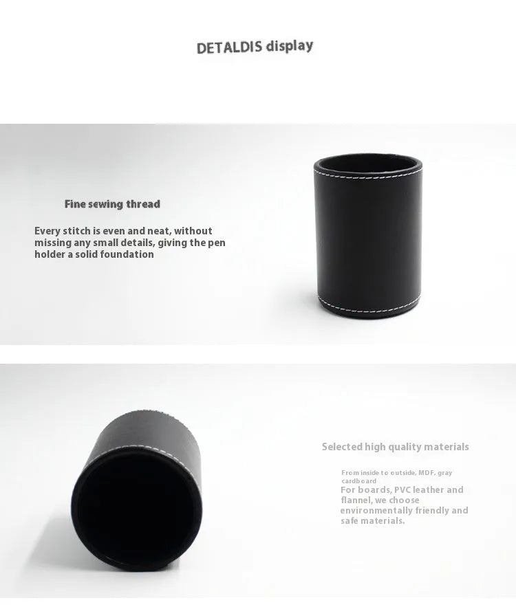 Round black leather pen holder on a desk
