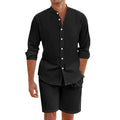 Men's light blue linen blend short sleeve shirt and drawstring shorts summer suit set.