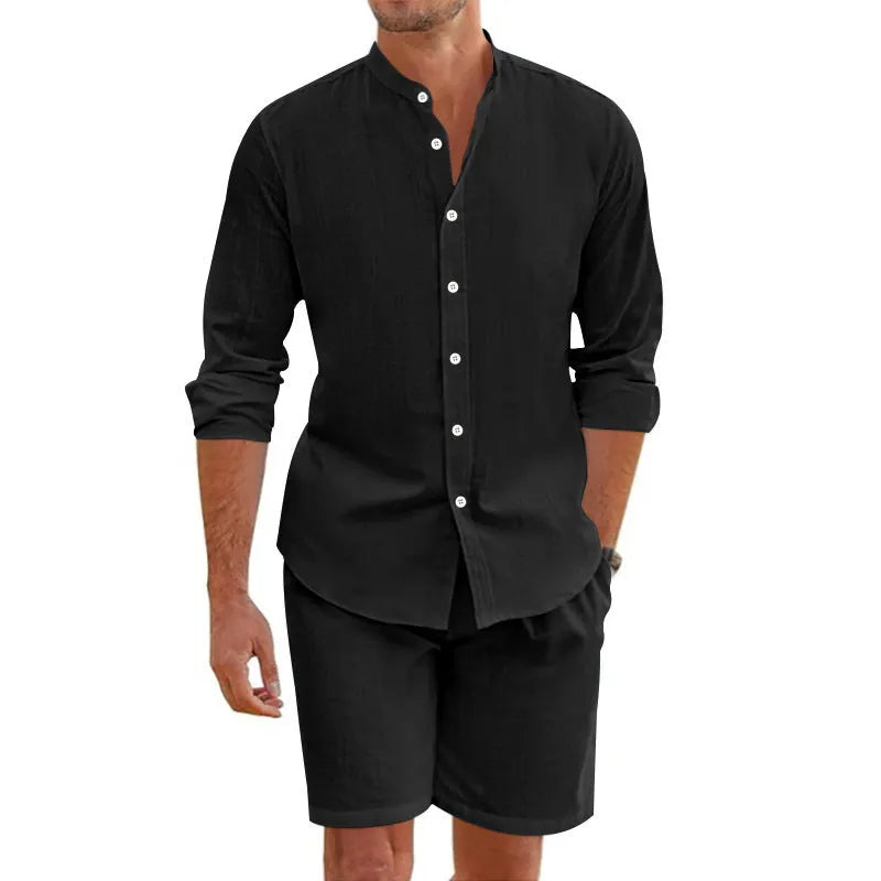Men's light blue linen blend short sleeve shirt and drawstring shorts summer suit set.
