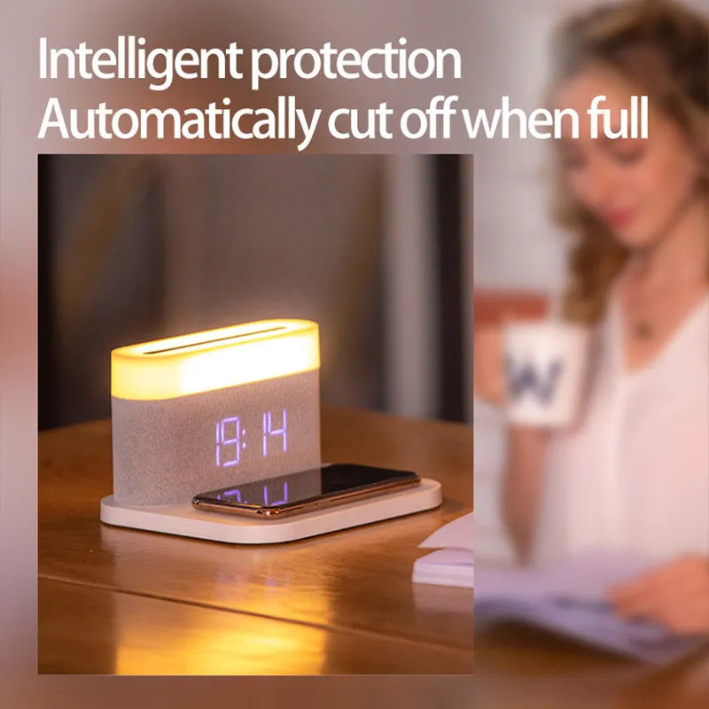Wireless desktop charger with clock display and night light in modern ABS design