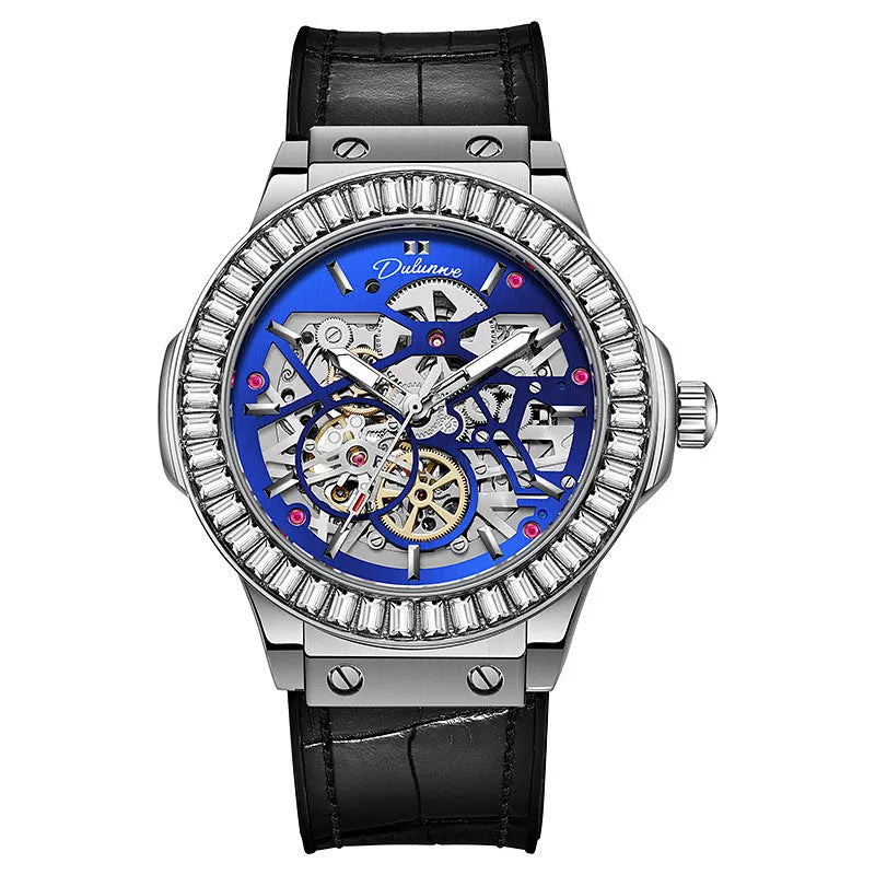 Men's automatic mechanical watch with hollow movement and diamond studs on white shell case with leather strap
