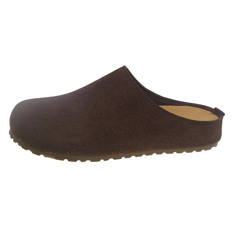 Ugly Soft Flat Korean style slip-on slippers in apricot colour showing square toe and flat design.