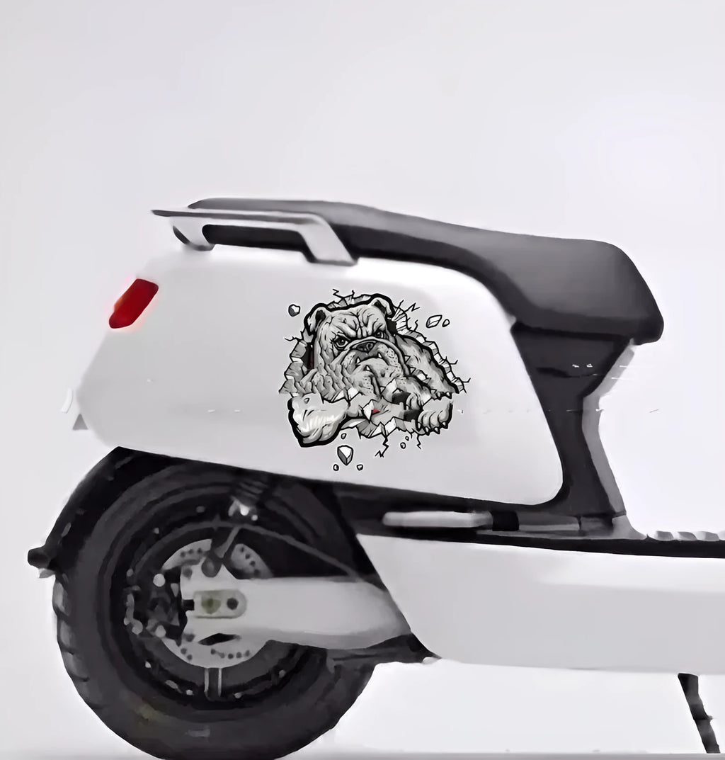 Grey dog pattern motorcycle bumper sticker on a 17cm by 17cm paper decal.