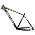 Black green 29-inch aluminium mountain bike frame with inner cable routing and disc brake mounts
