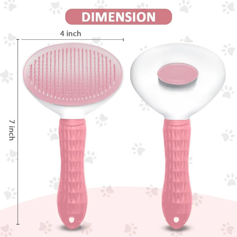 Blue cat grooming brush with release button for removing pet hair