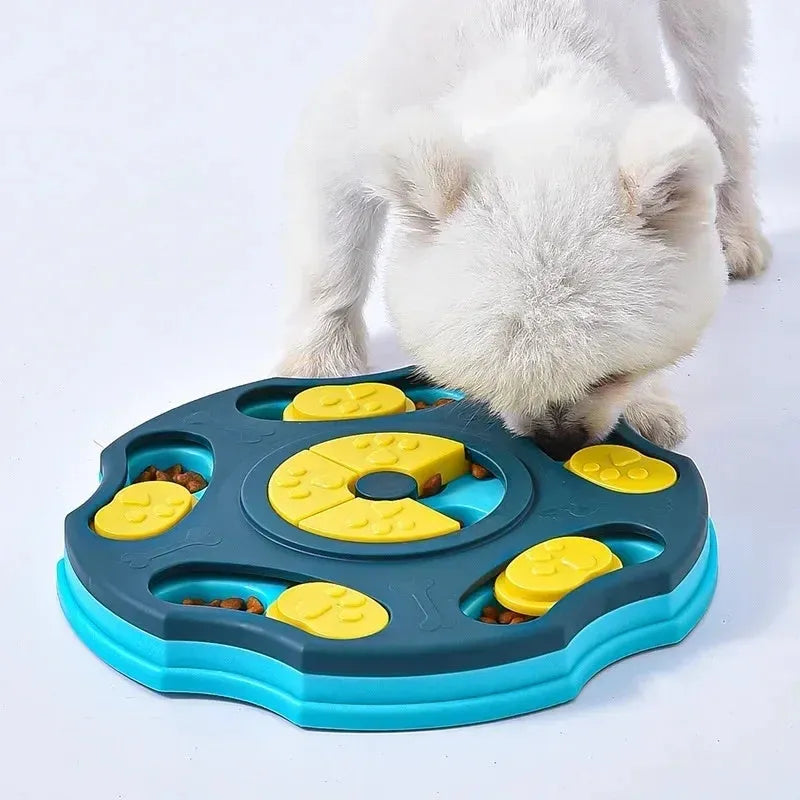 Blue and pink dog puzzle toy food feeder for interactive play and slower eating