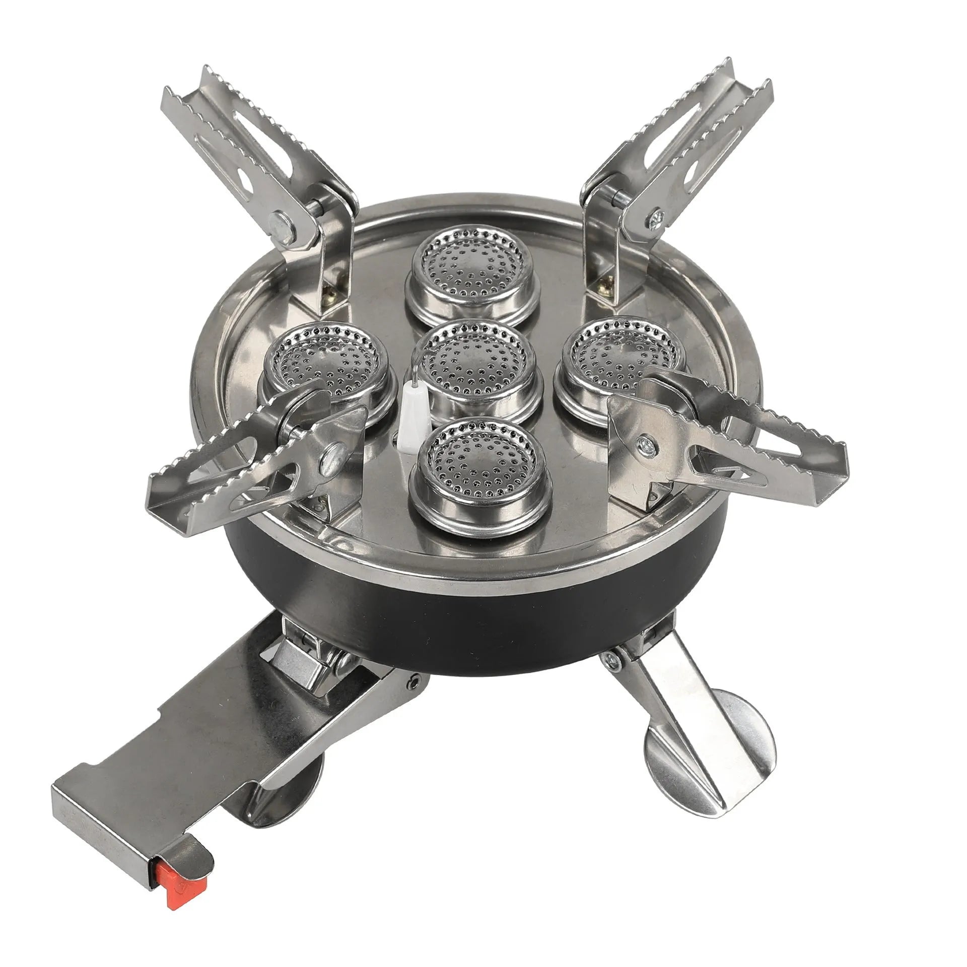 Silver foldable stainless steel split camping stove with copper fittings and a long hose.