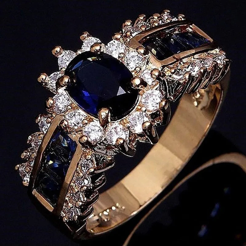 Personalised unisex ring with sunflower blue diamond or square-cut blue and purple zircon designs.