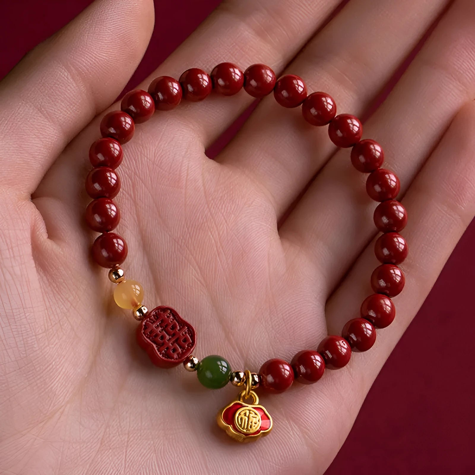 Emperor Sandstone Cinnabar bracelet with Fu character charm, showing 6mm and 8mm bead size options.