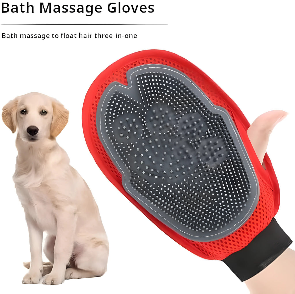 Red pet bathing glove with integrated brush design for dog and cat grooming during bath time