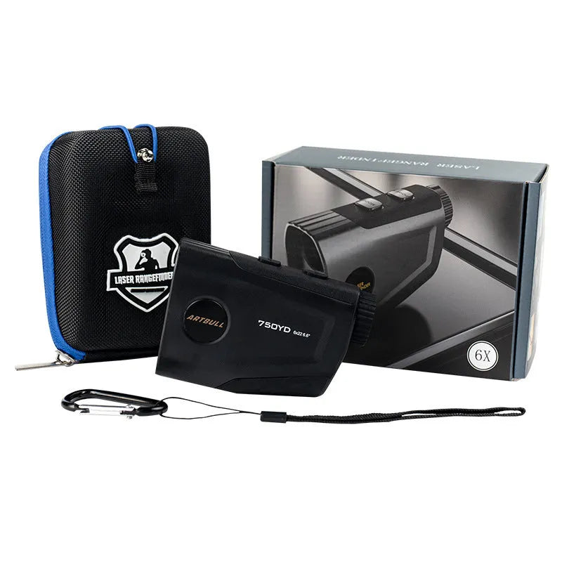 Golf laser rangefinder with LCD display showing distance measurement and flag lock indicator