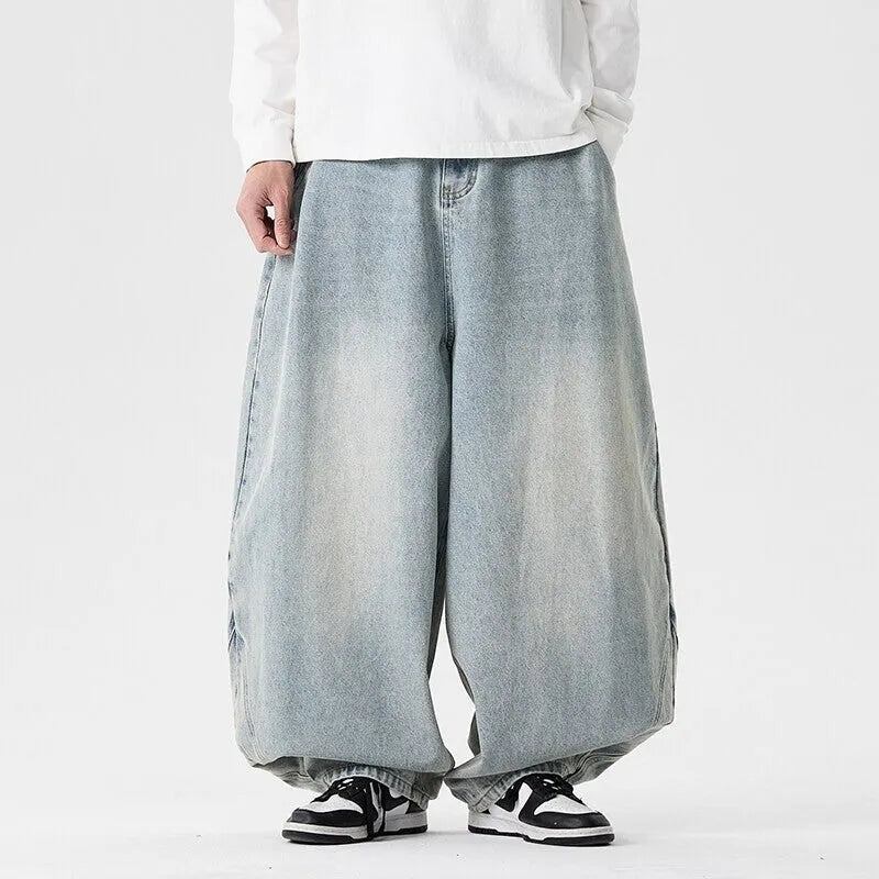 Men's plus size wide leg jeans in cotton denim fabric with straight cut trousers