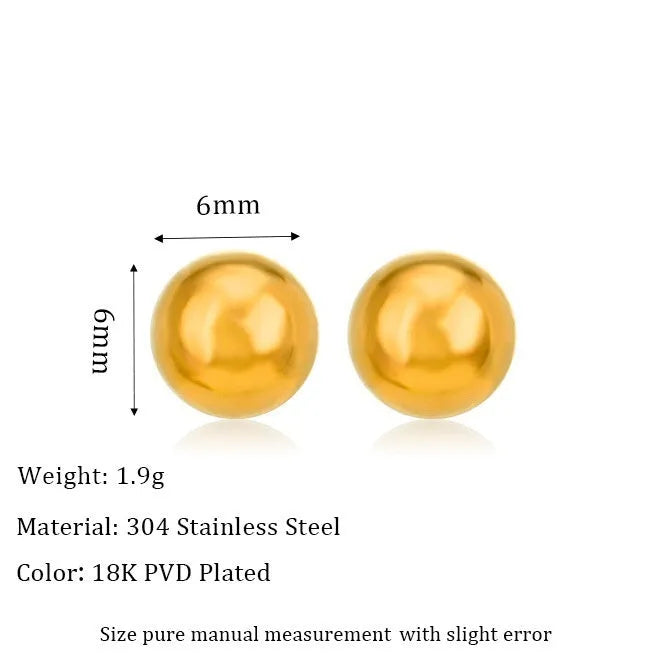 Stainless steel ball stud earrings showing 3mm, 4mm, 5mm, and 6mm sizes with gold and silver finishes