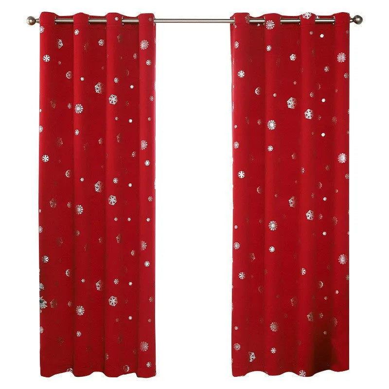 Snowflake pattern shade cloth curtain in polyester, showing red or green trim with lace loop or iron hoop detail.