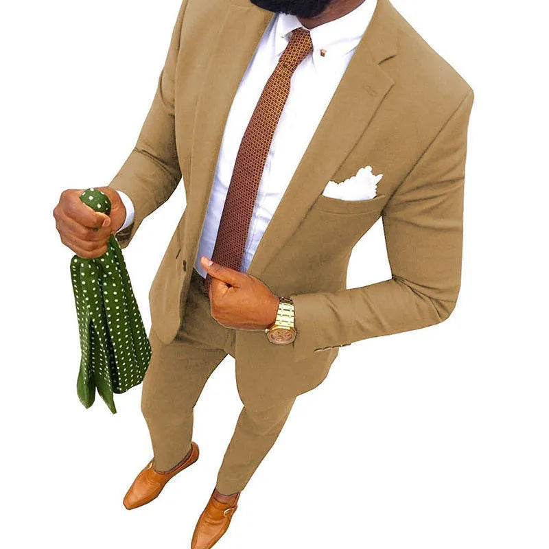 Man wearing a purple cotton two-piece suit jacket and trousers set.
