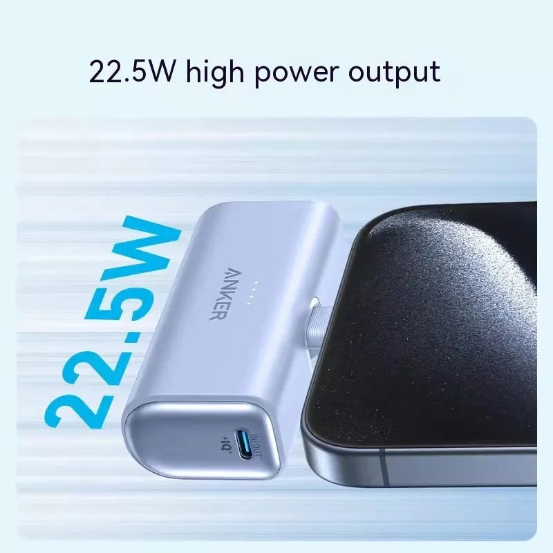 Small capsule-shaped power bank in multiple colours with a foldable USB-C cable.