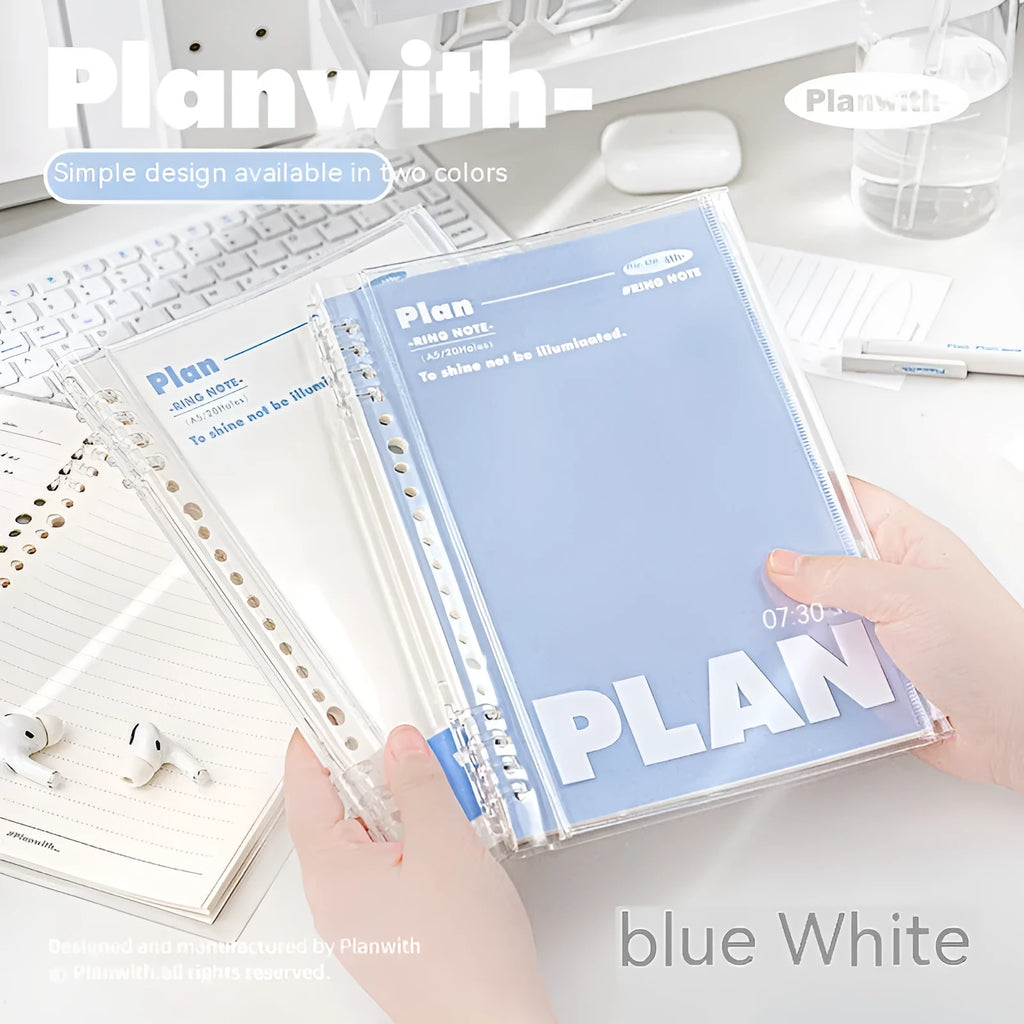 A5 PVC notebook organiser in blue colour showing transparent cover with loose papers inside