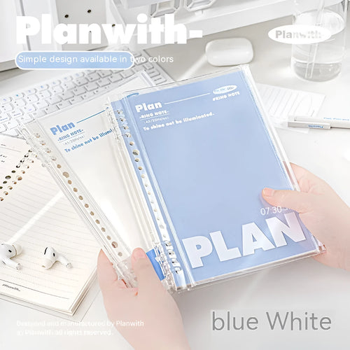 A5 PVC notebook organiser in blue colour showing transparent cover with loose papers inside
