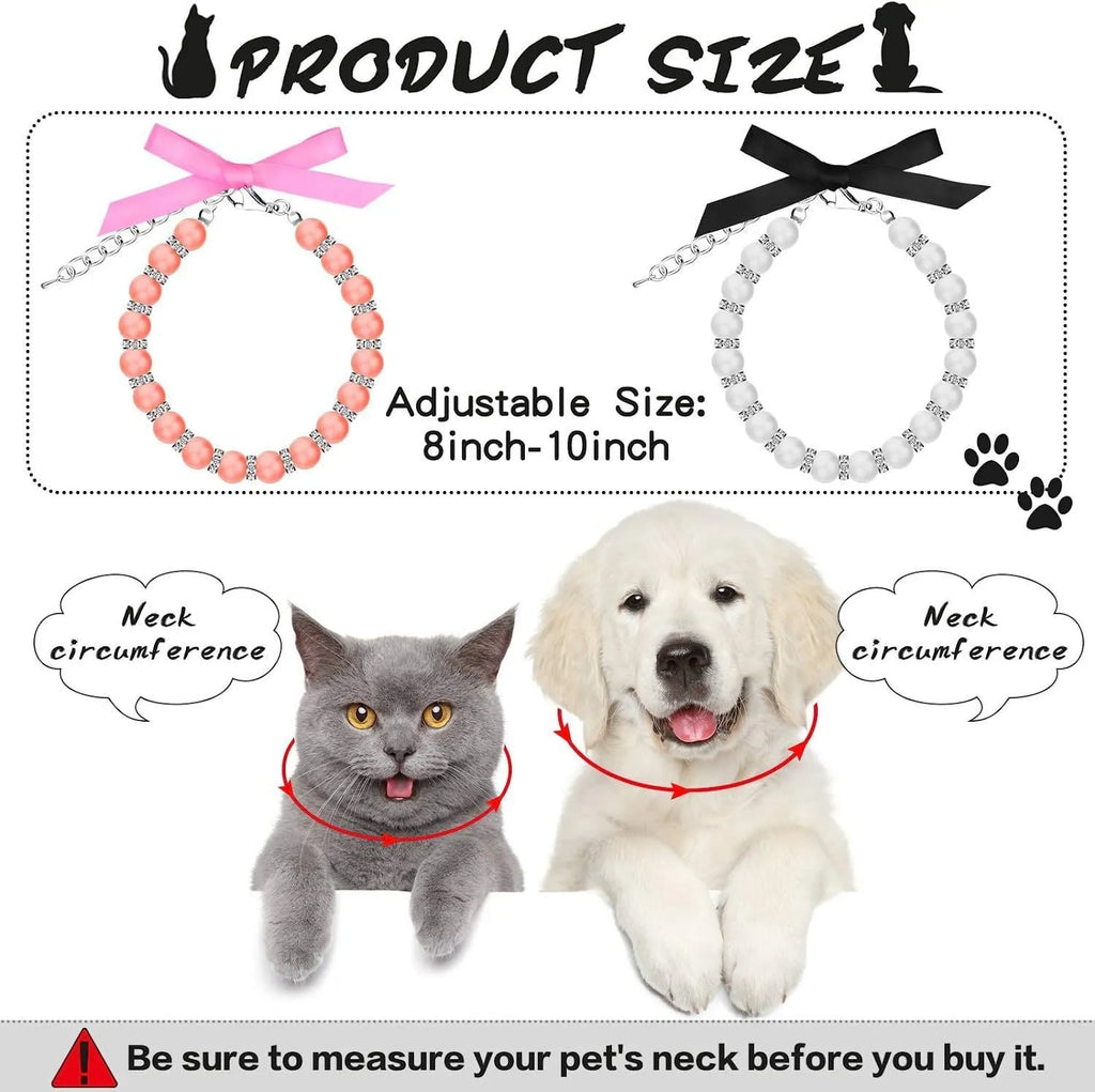 Small dog wearing adjustable blue imitation pearl and rhinestone necklace with ribbon bow