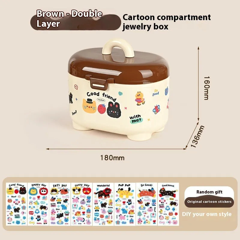 Cartoon design plastic desktop organiser with storage box, pen container, tissue box and coin bank accessories in red and brown colours