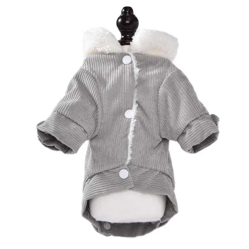 Grey lambswool dog vest with fleece lining for winter warmth on a small dog.