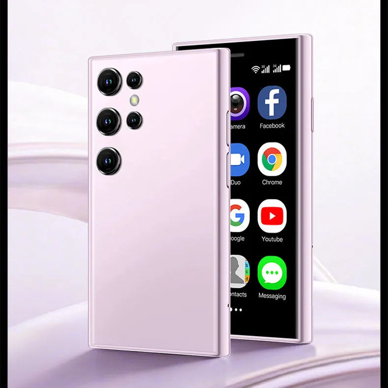 Mini smartphone with 30 screen in black, green or pink purple colours showing straight plate design