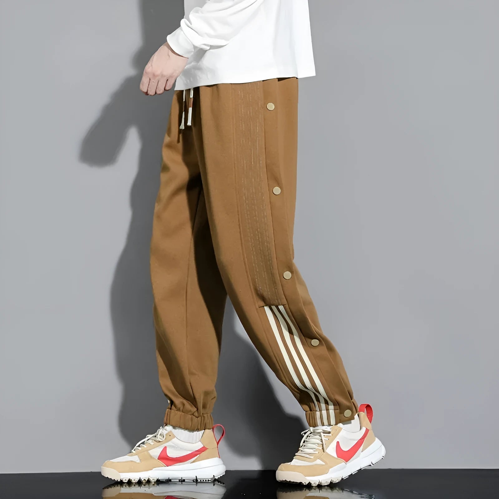 Men's loose grey sweatpants with ankle ties and belt, cotton blend fabric for autumn sports wear