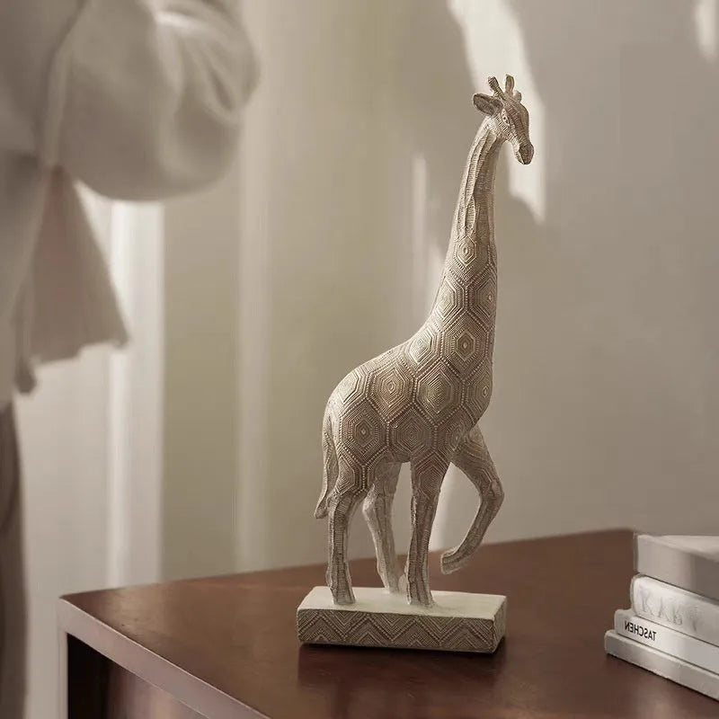 Wood colour synthetic resin giraffe ornament on a table, showing European style and 30.5cm height.