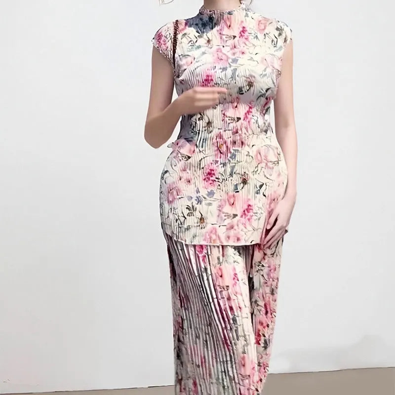 Women's long sleeve printed chiffon two-piece dress with high waist, shown in picture colour.