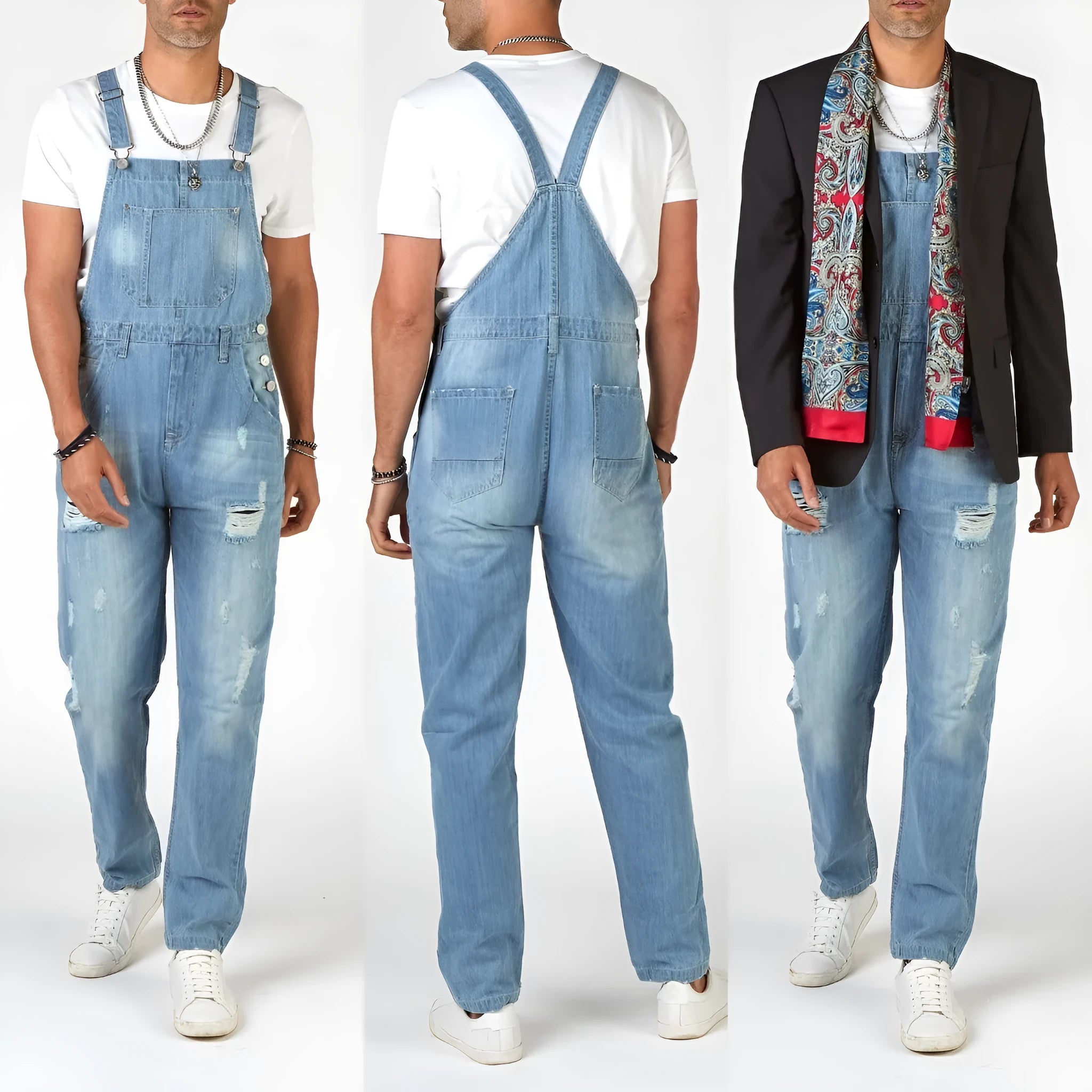 Men's light blue high-waist suspender jeans with ripped detailing and straight leg silhouette