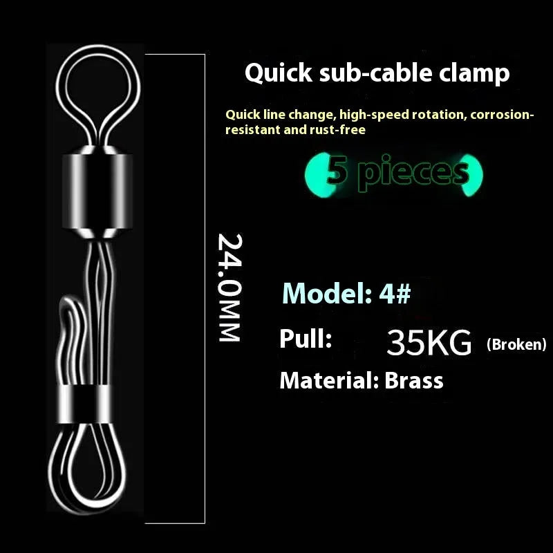 Brass quick-change barrel swivel bearing fishing tackle with line clamp.