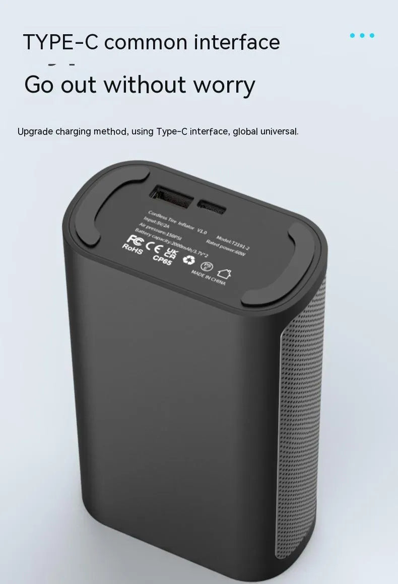 Wireless digital display air pump with car tyre adapter and pressure gauge on ABS housing