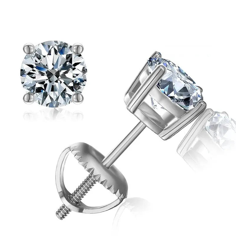 Geometric moissanite stud earrings with four claw screw setting on silver