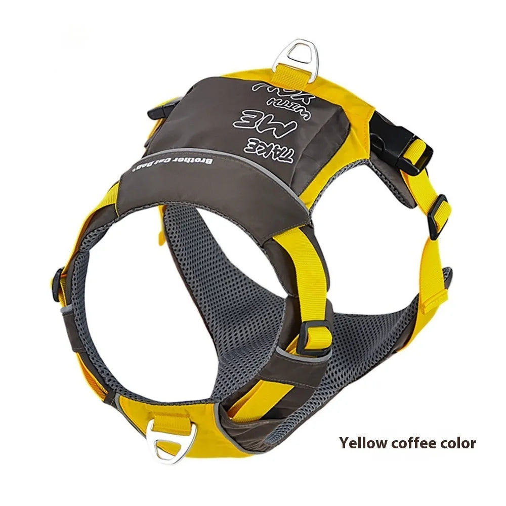 Adjustable dog chest strap vest with hand rope in orange blue colour, showing vest-style design