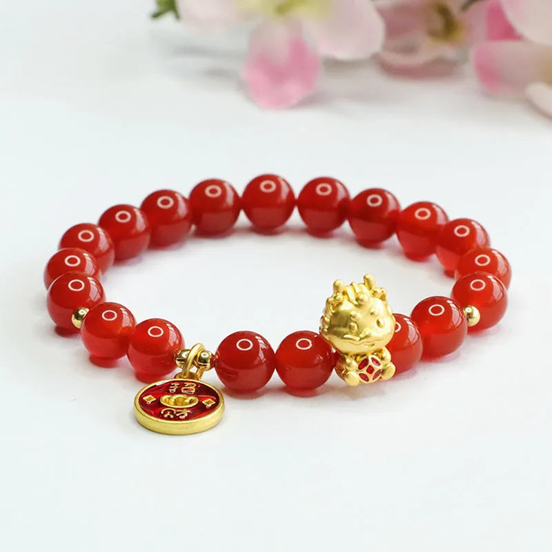 Red agate bead bracelet for Chinese zodiac dragon, beads are 8mm.