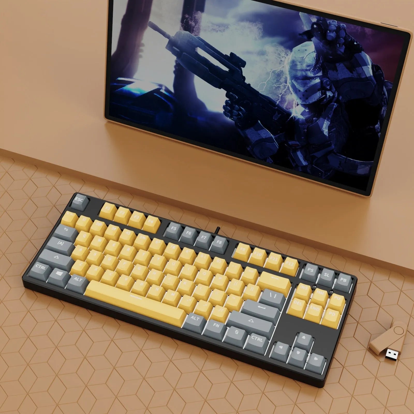 87-key wired mechanical keyboard with hot-swappable sockets showing colour options and included accessories